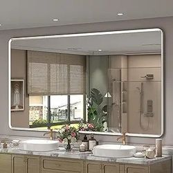 66x36 Inch Silver Framed Mirror, Silver Bathroom Vanity Mirror for Wall, Brushed Nickel, Rounded Rectangle Mirror, Shatterproof, Anti-Rust (Horizontal