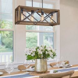 FarmingHouse Dining Room Chandelier 4-Light Brown Wood Kitchen Island Pendant With White Frosted Glass Raw Iron Accents 