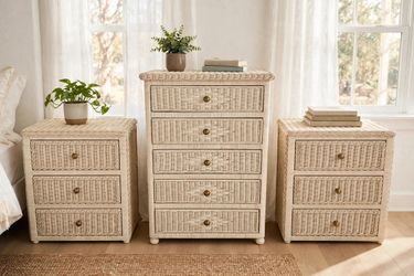 Warm Ivory Wicker Bedroom Set, 5-Drawer Dresser + Nightstand Pair, $395 for the Set!
