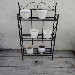 Wrought Iron Plant Stand And Small Pots 
