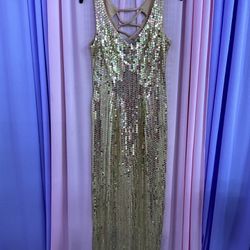 Gold Sequin Fitted Sleeveless Show Costume Drag Dress 