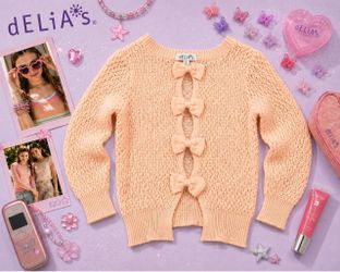 Vintage Y2K dELiA*s Peach Pink Pointelle Bow Back Sweater S NWOT