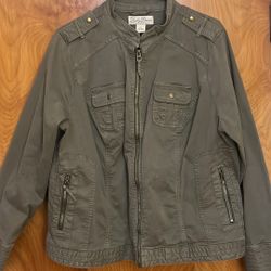 Vintage Lucky Brand Utility Jacket Military Green Zip Pockets Womens Small Cinch Waist