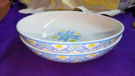 Pair Of 2 Signature Housewares Large Pasta Bowls Blue Pattern with Yellow Flowers CR3V042