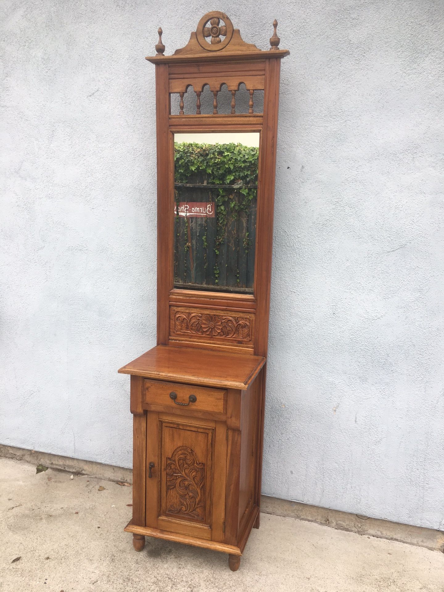 Antique 1870 Thru 1880 Hall Stand With Mirror, Drawer & Cabinet