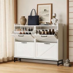 2404a $80  Shoe Storage Cabinet with 4 Flip Drawers,9" Narrow Shoe Cabinet for Entryway with Lron Base,Modern Minimalist Style Shoe Rack Suitable for 