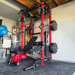 NEW Squat Rack Functional Trainer Cable Cross Over  Adjustable Bench Press 45lb Barbell Bumper Plates Home Gym 