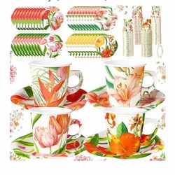 New 120 Sets Tea Party Decorations 6.5oz Floral Paper Tea Cups with Handle and Plates Disposable Blossom Teacups and Saucers Sets with Tape for Hot Co