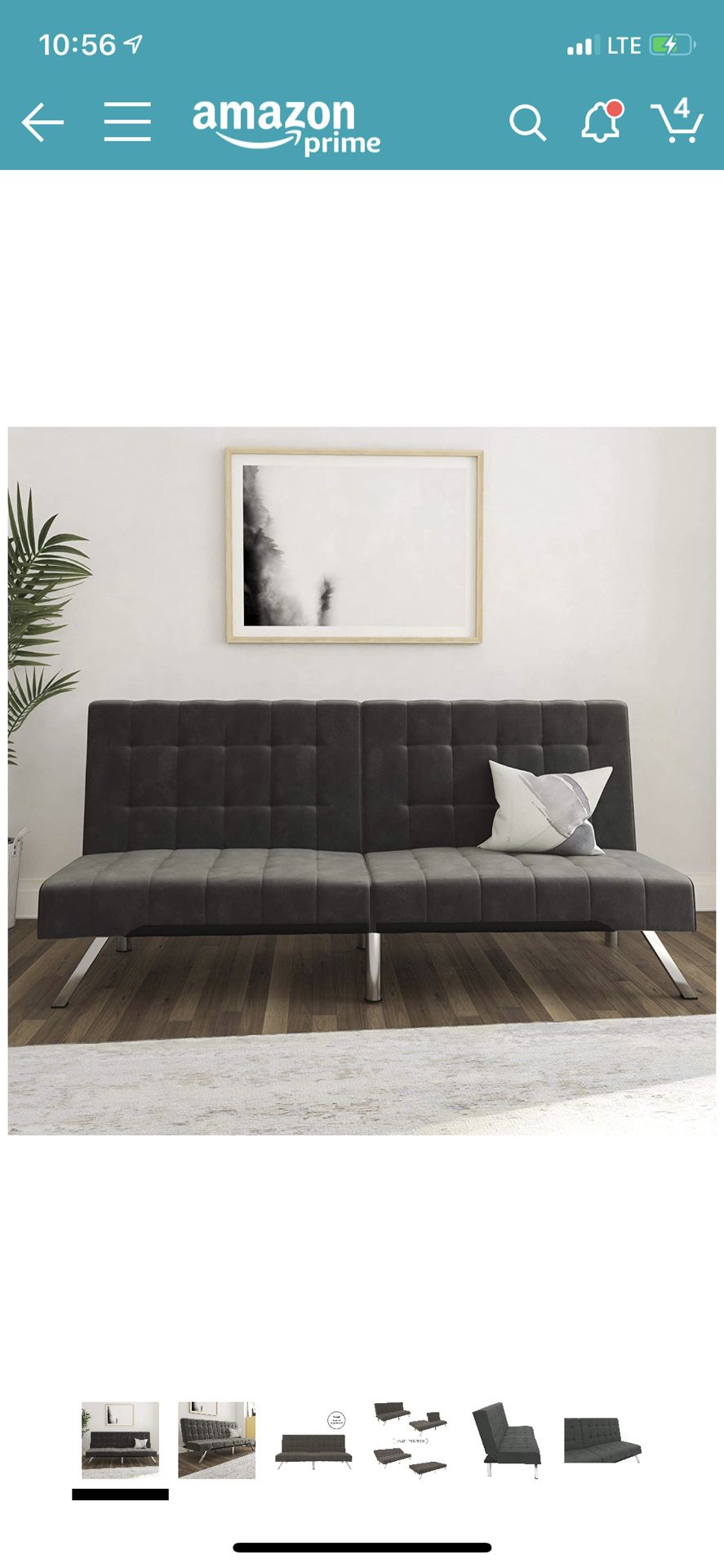 Futon Couch Bed - Velvet Upholstery- Grey