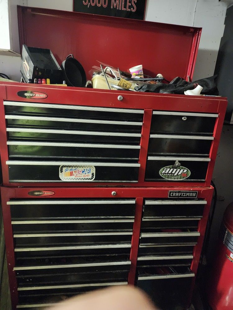 Craftsman 2 PC 19 Drawer Tool Box With Tooks Included Craftsman Tool / Stanley Tools Tool Box And Tool Being Sold Together. Craftsman Air Compt