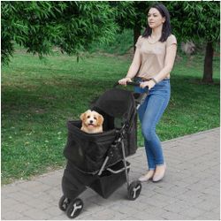 3 Wheels Foldable Dogs and Cat Strollers with Storage Basket and Cup Holder for Small and Medium Cats, Dogs, Puppies (Black)