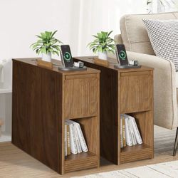 2pcs/End Table with Charging Station, Narrow Side Table with Storage, Drawer and Wheels, Flip Top Mid Century Modern Nightstand with USB Ports and Out