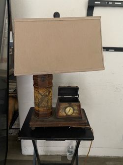 Vintage Asian-Inspired Table Lamp w/ Quartz Clock & Hidden Storage Compartment