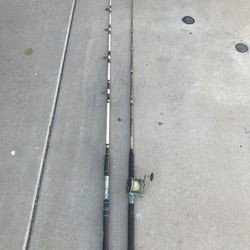 VINTAGE OCEAN FISHING RODS / POLES. 2 POLES AND 1 REEL. PRE OWNED AND WELL USED.