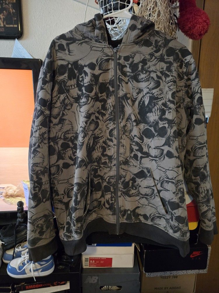 Vintage Y2K MMA Elite Gray Black Skull Sherpa Hoodie Sweatshirt Jacket Large