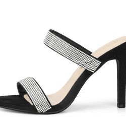 Women's Open Toe Stiletto Heel Rhinestone Mules Sandals - size 6 - Black