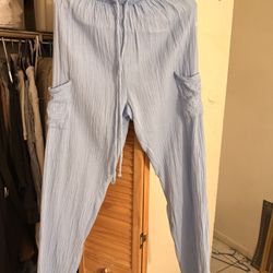 Light Blue Gauze Cargo Pants – Relaxed Fit, Elastic Waist, Drawstring (Size: M)
