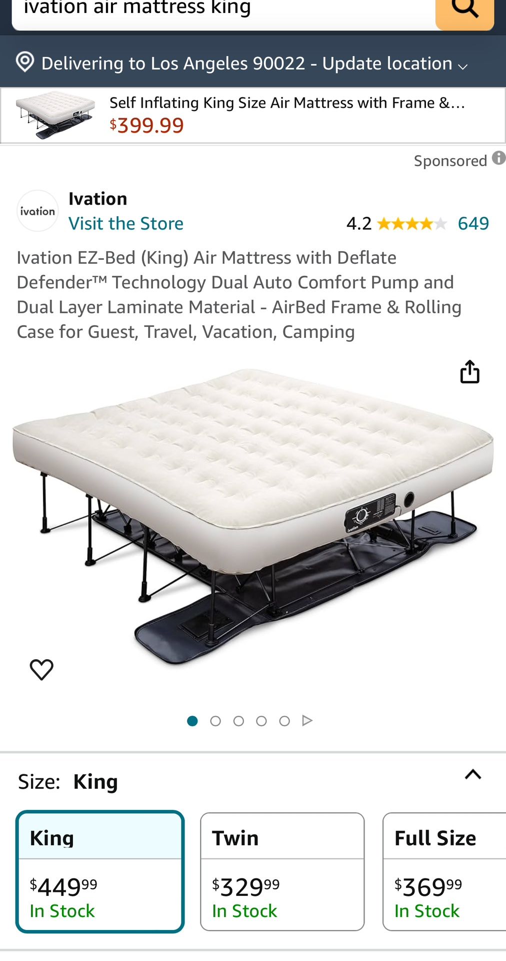 Ivation EZ-Bed (King) Air Mattress with Frame & Rolling Case, Self Inflatable, Blow Up Bed Auto Shut-Off, Comfortable Surface AirBed, Best for Guest, 