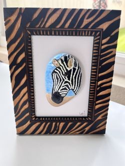 Zebra Hand Painted Stone In Unique Wood Frame 5x7 One Of A kind Gift