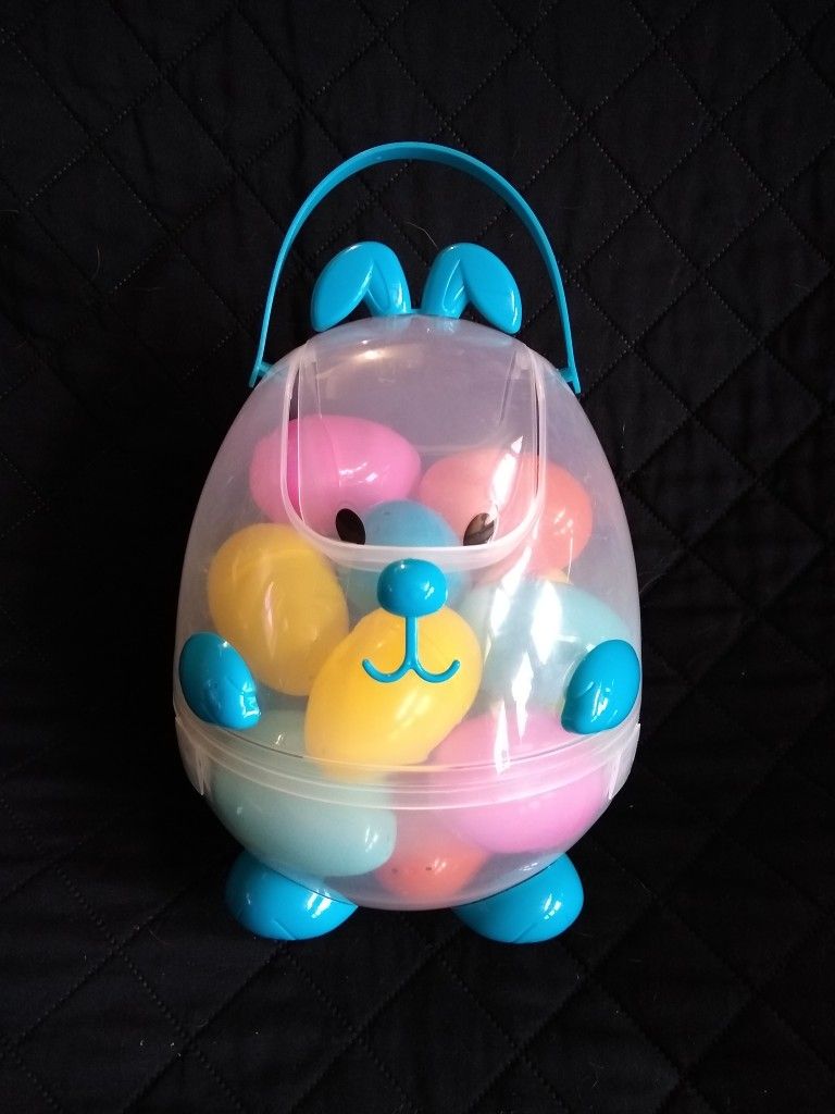 Cute blue Easter "puppy" with eggs