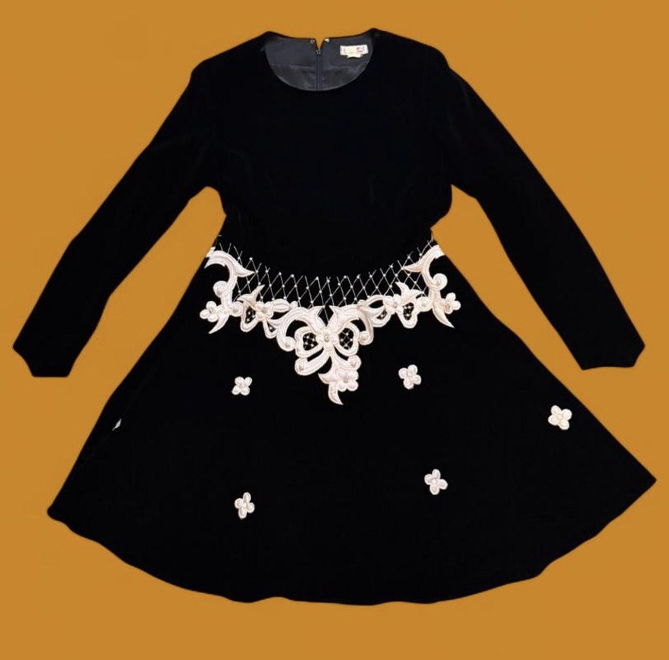 Vintage Christmas Black Velvet Dress With White Embellishments