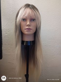 Synthetic wig blonde with bangs black and blonde two tone