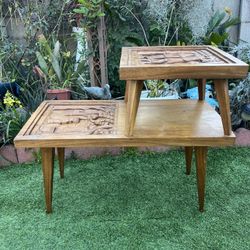 Mid-Century Modern Two Tiered Oriental Hand Carved Wood End Table Vintage 