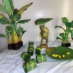  3 wood frog PLANT TREE SCULPTURES Leaf Lily centerpiece set CARVED Bali 