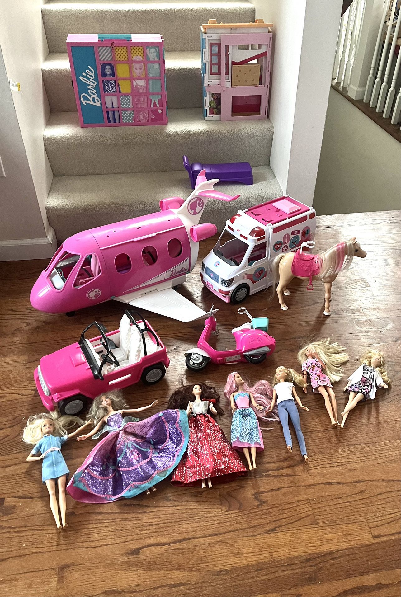 Huge Lot Of Barbie Doll Toys. Huge Airplane, Ambulance, House, Dresser, Shimmer Dancing Horse, Car, Scooter, Dolls & More! ($95 For All)