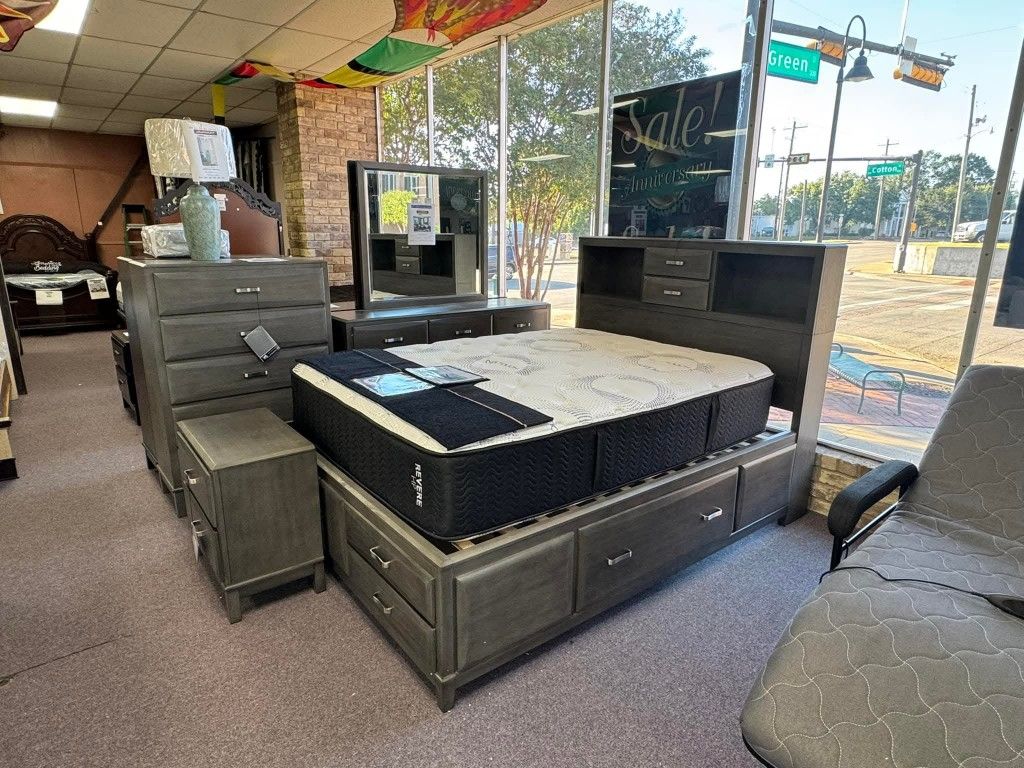 Caitbrook Gray Bookcase Storage Platform Bedroom Set