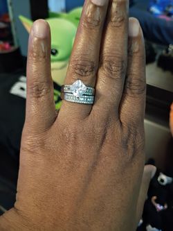 Silver CZ Princess Cut Bridal Ring Set size 8