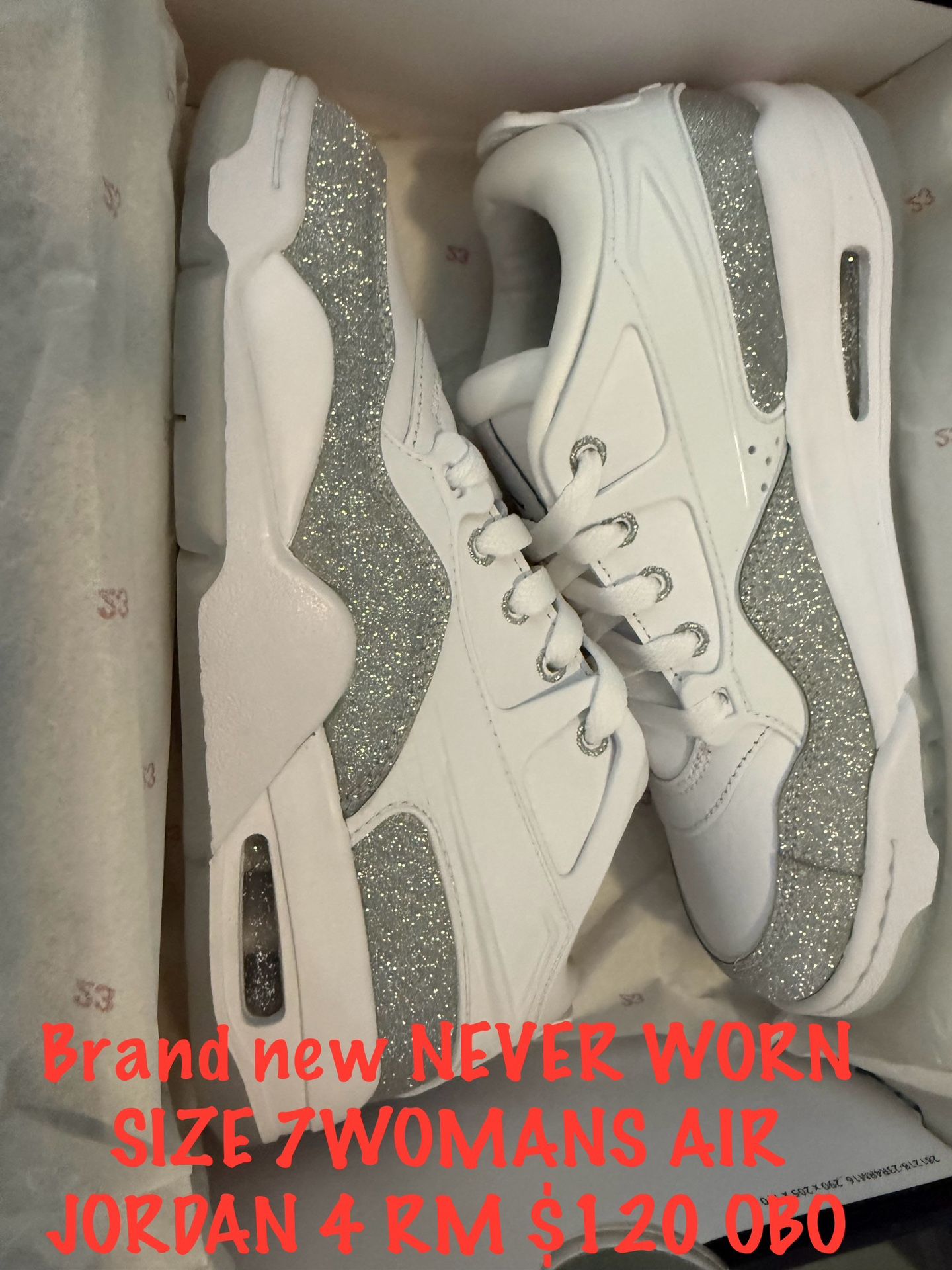 Woman’s Air Jordan’s 4 RM WHITE AND SILVER ✨ SPARKLE SZ -7