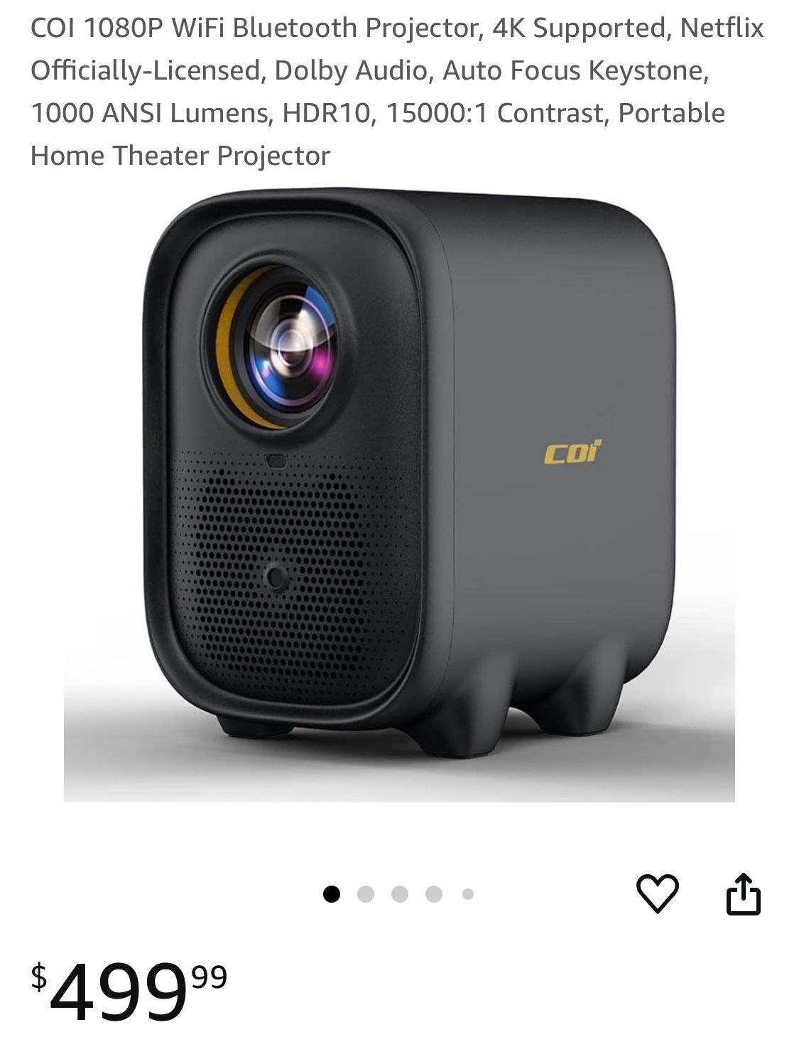 COI 1080P WiFi Bluetooth Projector, 4K Supported, Netflix