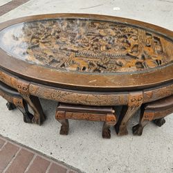 Vintage Hand-carved Asian Coffee Table With Stools