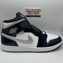 Jordan 1 Mid SE Patent Black White Metallic Silver Metallic Gold Sz. 13