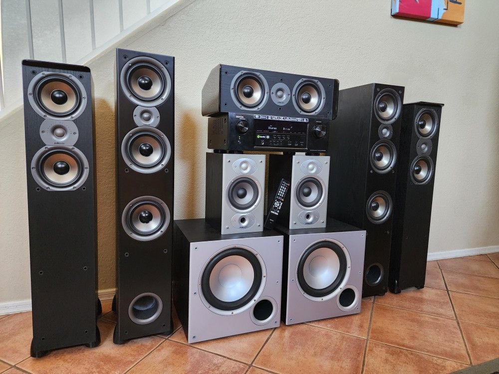 Polk Audio 7.2-Channel Home Theater System - 7 Speakers, Denon Receiver and Dual 10"  Polk Subwoofers