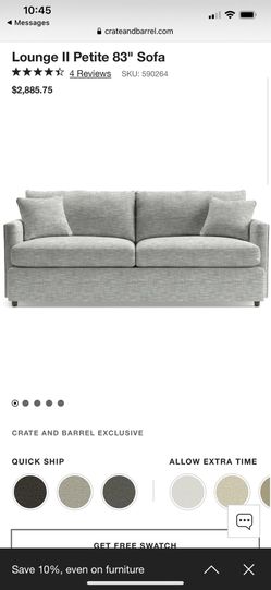 Crate and Barrel Lounge II Petite 83" Sofa. Grey (Windward Storm). Performance Plus.