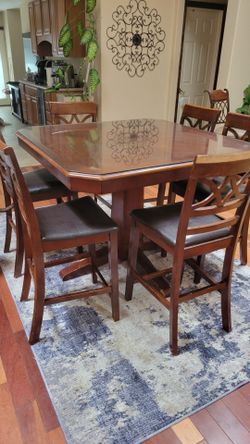Counter Height Dark Wood Dining Table Set w/ 6 Chairs