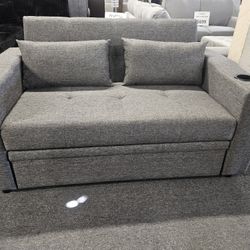 Bramd New Gray Or Charcoal Linen Twin Size Sofa Bed With Cup Hopders