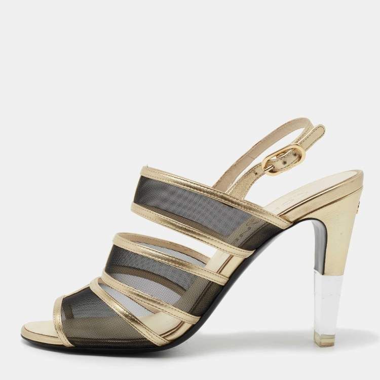 Chanel Gold/Black Mesh and Leather Open Toe Slingback Sandals Size 41