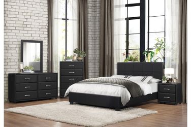 Brand new black leather queen bedframe + dresser + mirror + nightstand