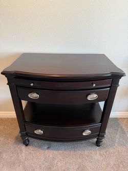 Dark Wood Nightstand with Drawers and Shelf