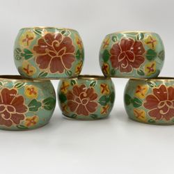 Set of 5 Pier 1 Brass-Lined Napkin Rings With Enamel Flowers 