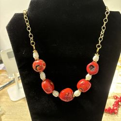 Bamboo Red Coral and pearls Necklace.