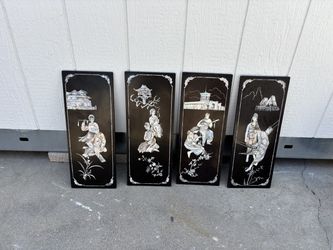 Vintage Asian black lacquer wall panels featuring intricate mother-of-pearl inlays