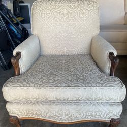 French Provincial Queen Anne Carved Wood Armchair | Damask Upholstery