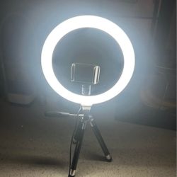 50' LED ring light with a tripod stand and smartphone holder.
