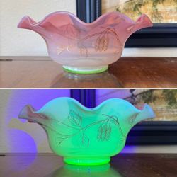 Antique Victorian Ruffled Pink and Uranium Glass Bridal Bowl / Bridal Basket with Gold Leaf Design