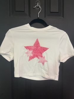 White Crop Tee with Pink Star Graphic