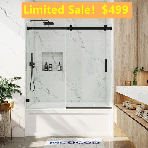 60 in. W x 66 in. H Single Sliding Frameless Soft Close Tub Door in Matte Black with 3/8 in.Clear Glass showroom clearance